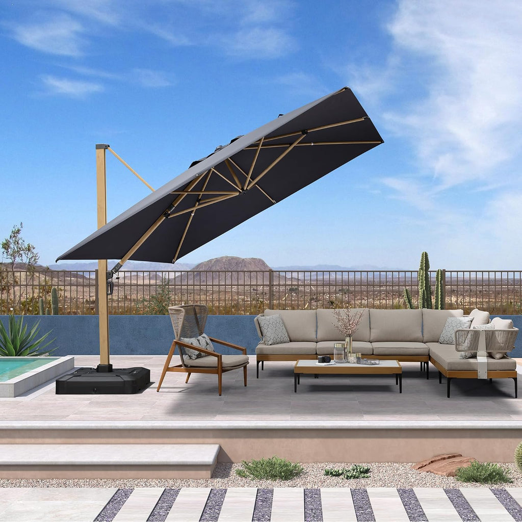 PURPLE LEAF 11FT Patio Umbrella Square Cantilever Umbrella Teak Finished Aluminum Frame Large Windproof Offset Outdoor Sun Umbrellas for Beach Pool Deck, Grey