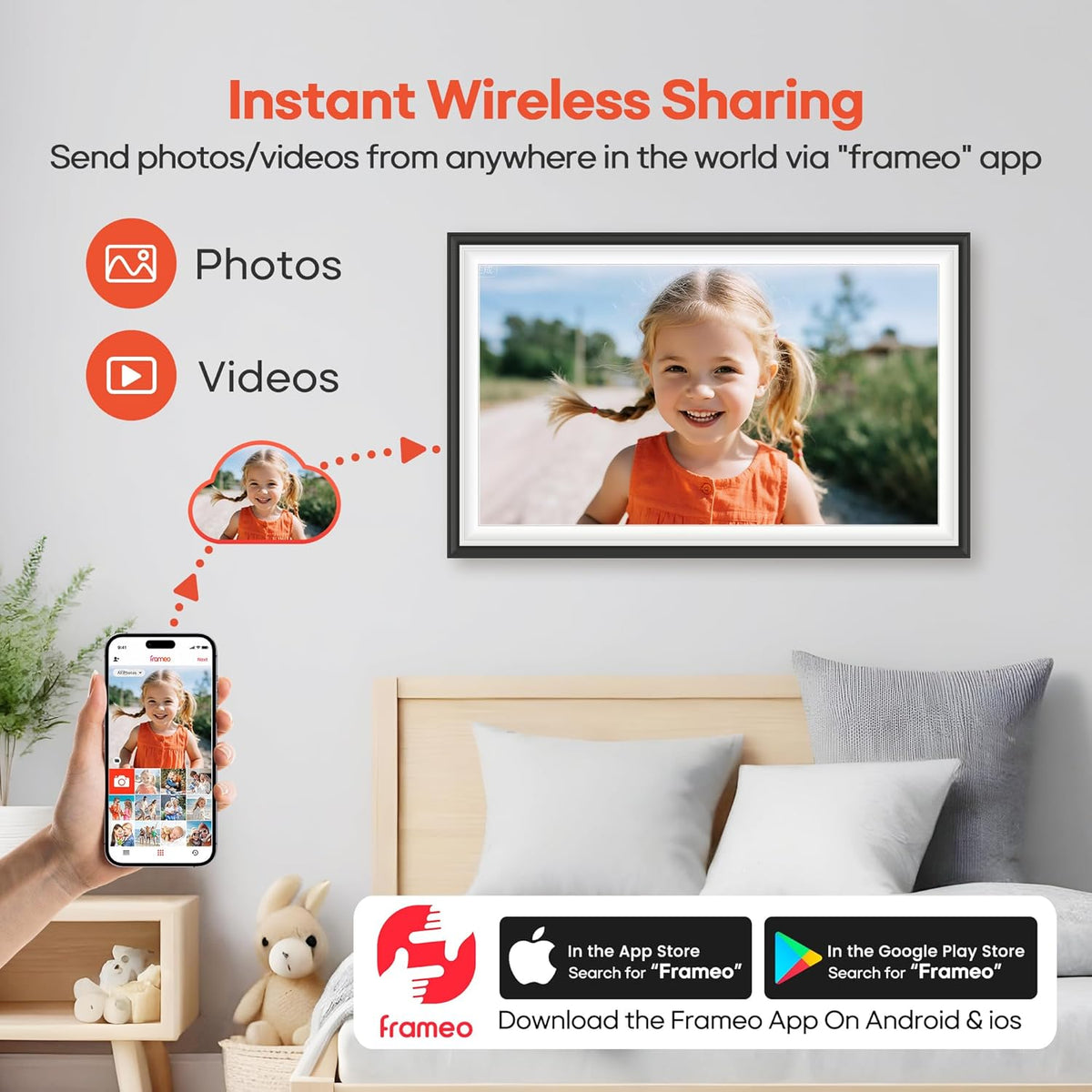 BIGASUO Digital Picture Frame Frameo 15.6" WiFi Electronic Photo Frames Large with 64GB Memory 1920x1080 IPS FHD Touch Screen Share Moments Instantly Anywhere Photo Gifts for Parents and Grandparents