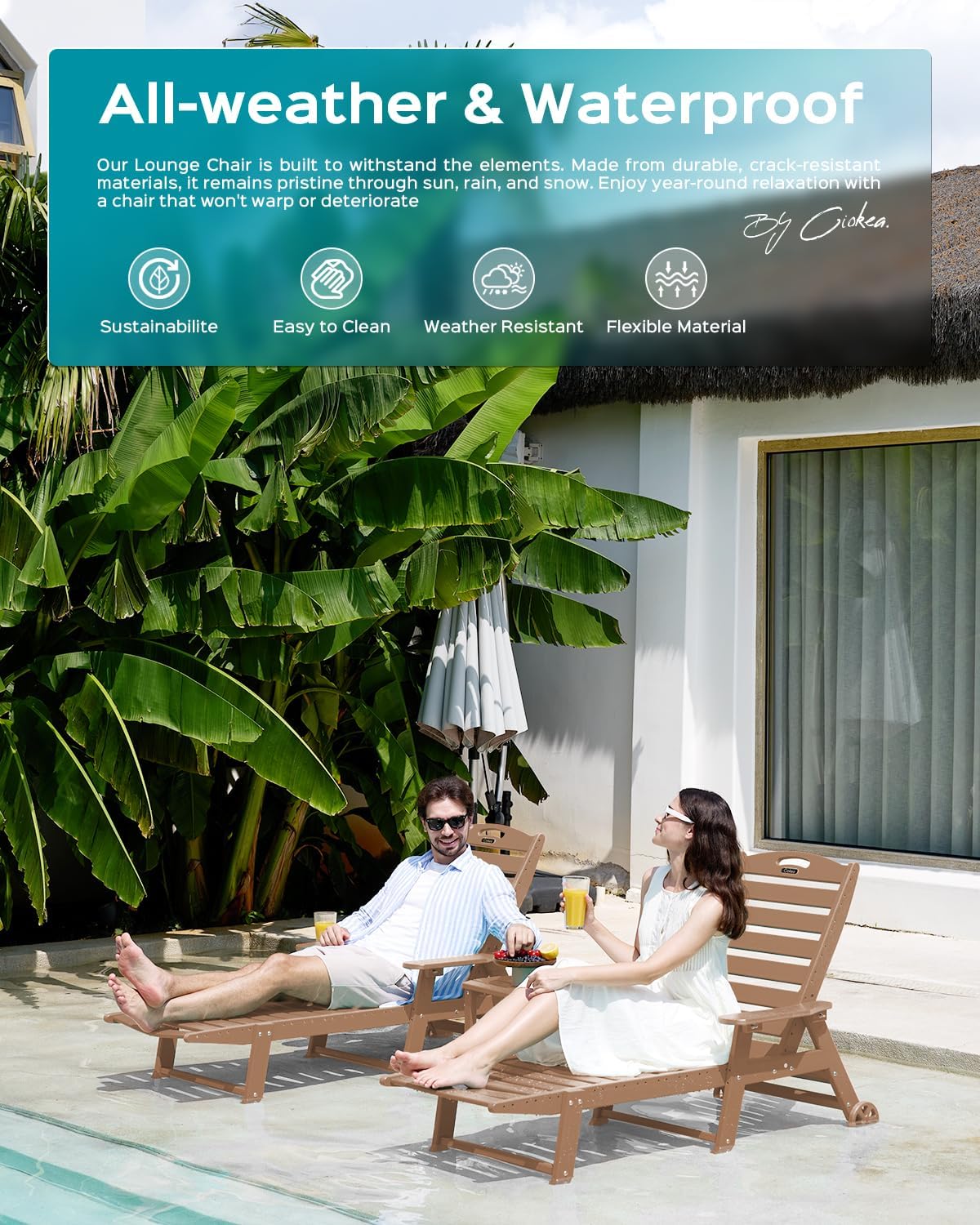 Ciokea Lounge Chair Outdoor, Oversized Chaise Lounge Chair with 5 Positions, HDPE, Patio Lounge Chair with Wheels & Cup Holder for Pool, Deck, Poolside, Teak