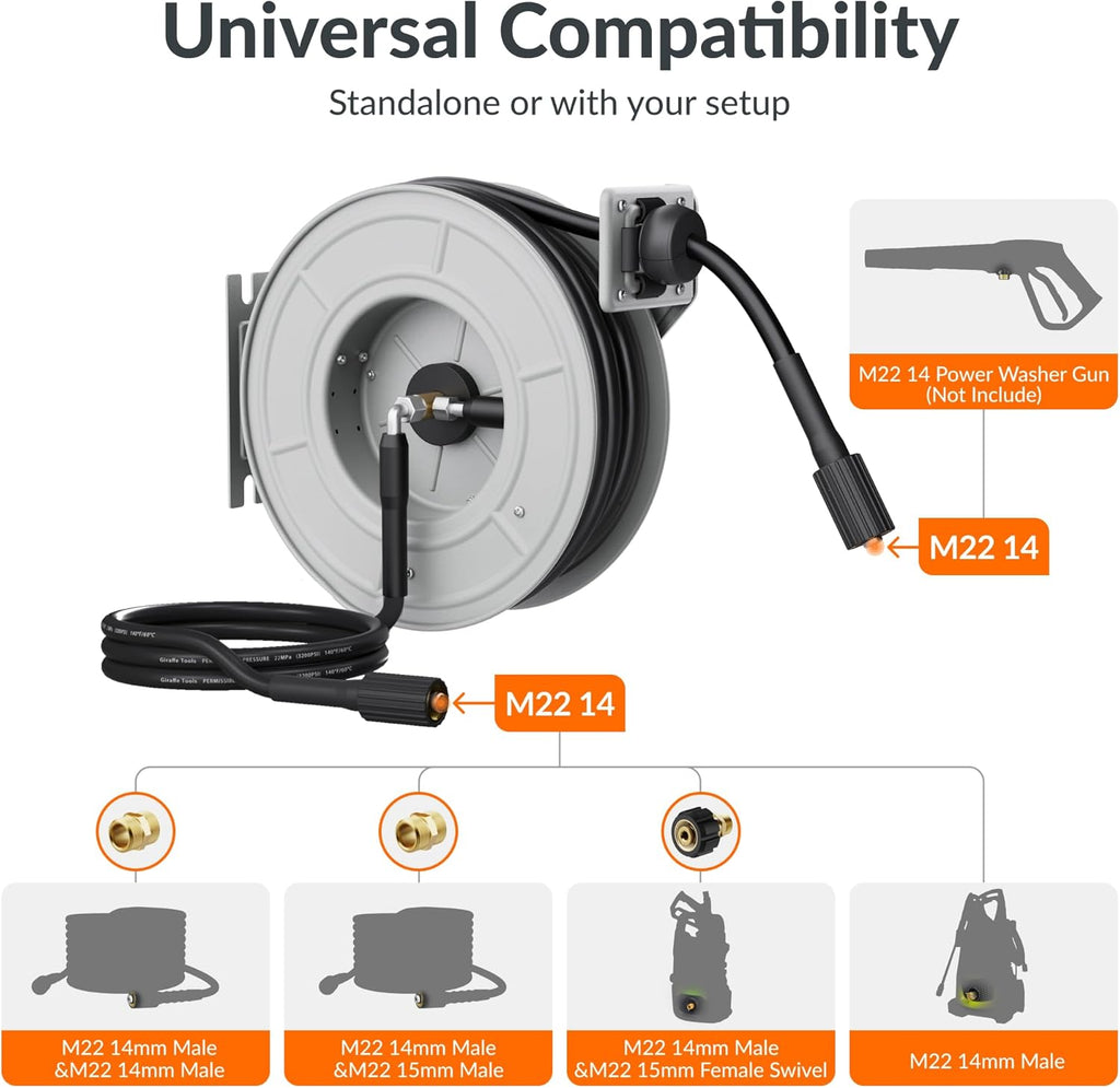 Giraffe Tools Pressure Washer Hose Reel 65ft, 1/4" Power Washer Hose Reel, Automatic Rewind, Wall Mounted, 3200 PSI