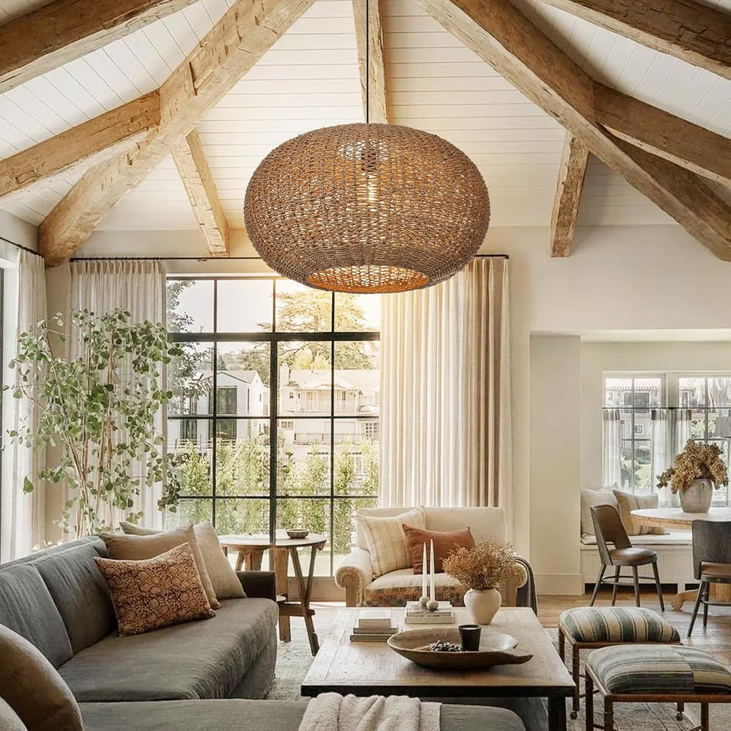 Arturesthome Large Natural Hand Weaved Rattan Pendant Lamp,Coastal Beach Boho Chandelier for Kitchen Hallway Bedroom Dinning Room Living Room Dia 23.6 in