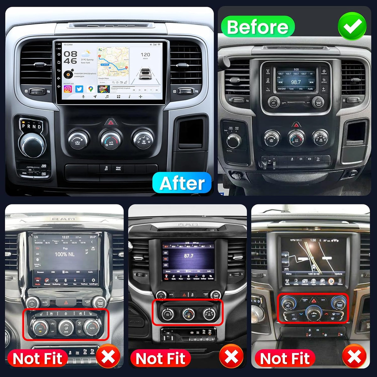 4Core+64G ROM Andriod 13 Car Radio for Dodge RAM 1500 2500 2013-2018: 9 inch IPS Touchscreen Car Stereo with Wireless Carplay Android Auto Bluetooth 5G WiFi 1080P Backup Camera GPS FM