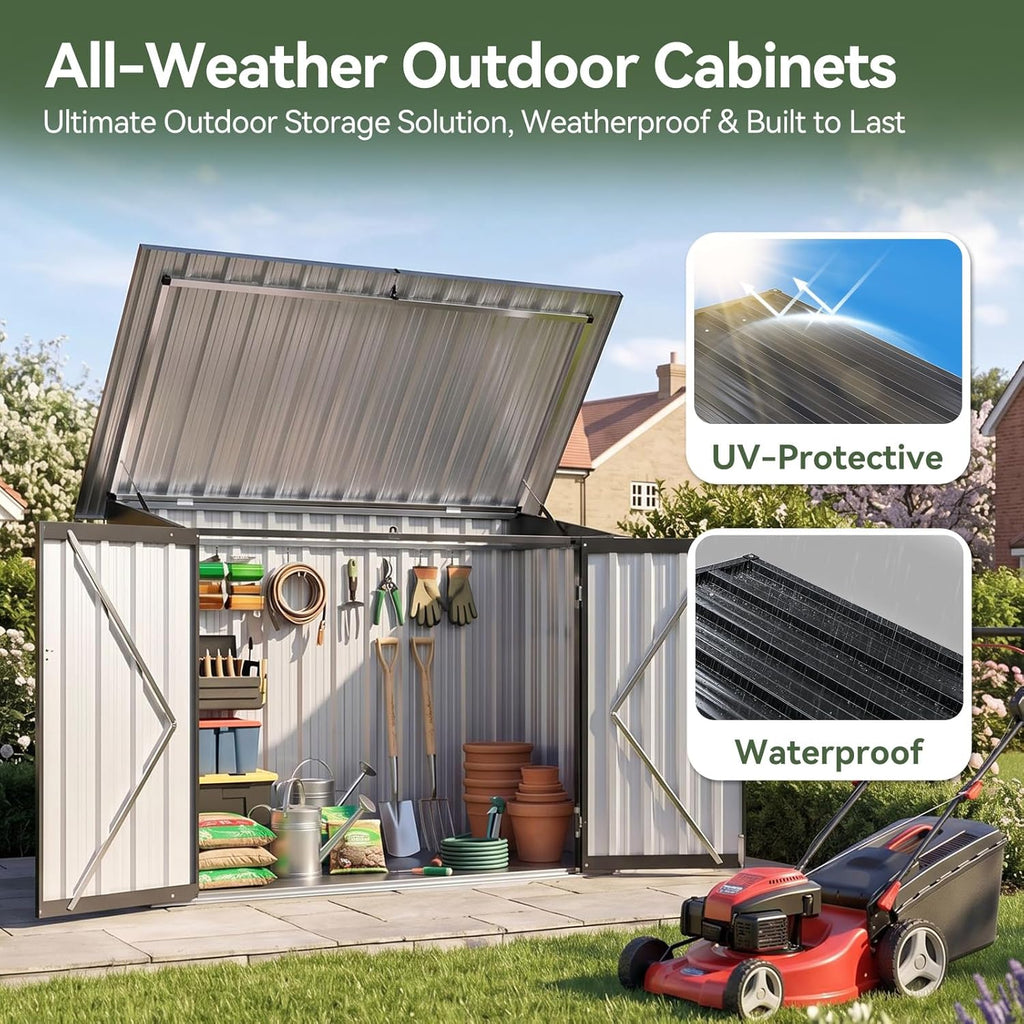 Aoxun Outdoor Storage Cabinet with Shelf, 35 Cu.Ft Metal Storage Shed, All-Weather Tool Storage Box with Hydraulic Lid, Lockable Doors for Patio Garden Garage, Black