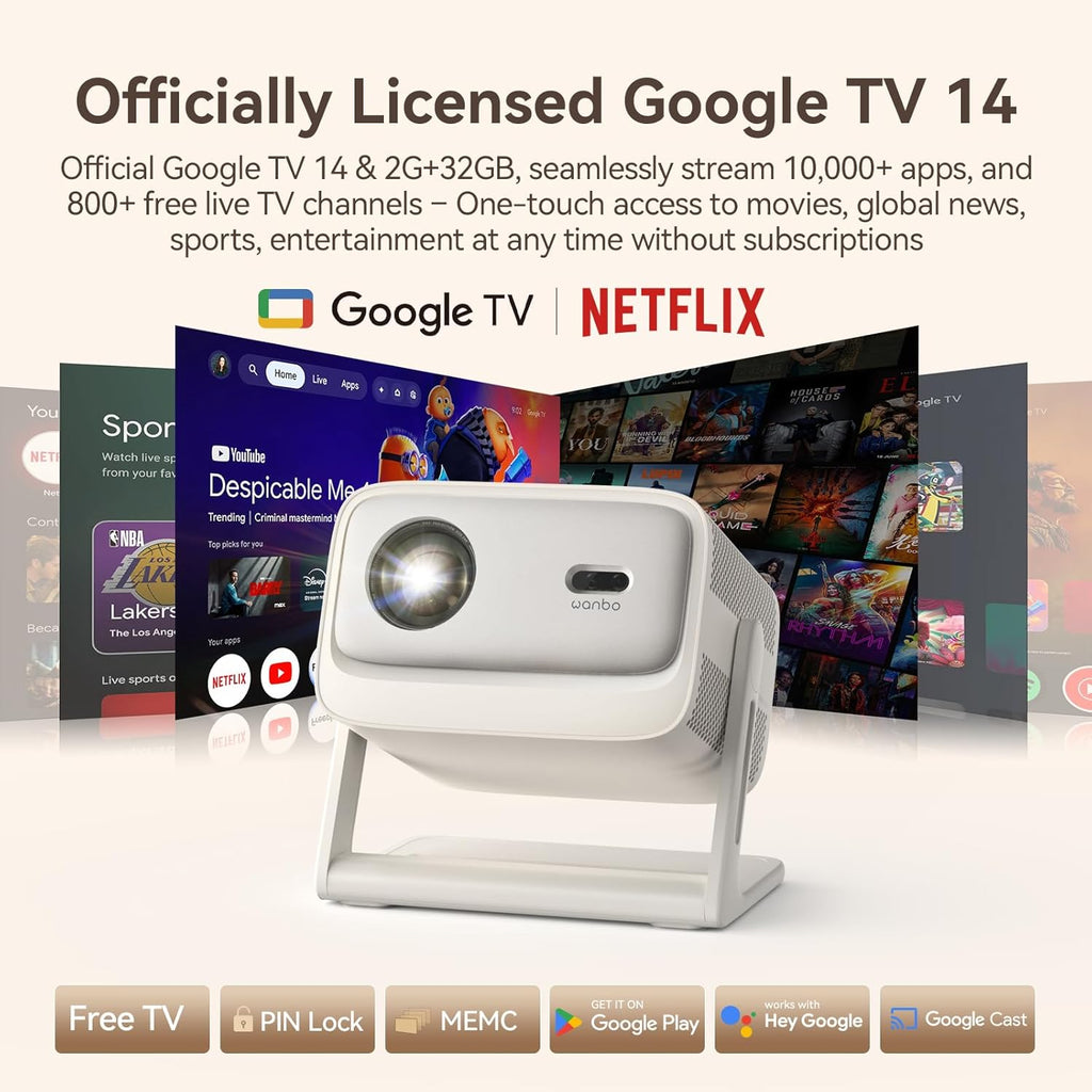 【Official Licensed Google TV 14】Wanbo Vali 1 Pro 4K Smart Projector, Flagship MT9660 Chip, MEMC, 900ANSI, Native 1080P, Dolby Audio, Fully Automatic, 260" Portable Home Outdoor Movie Projector