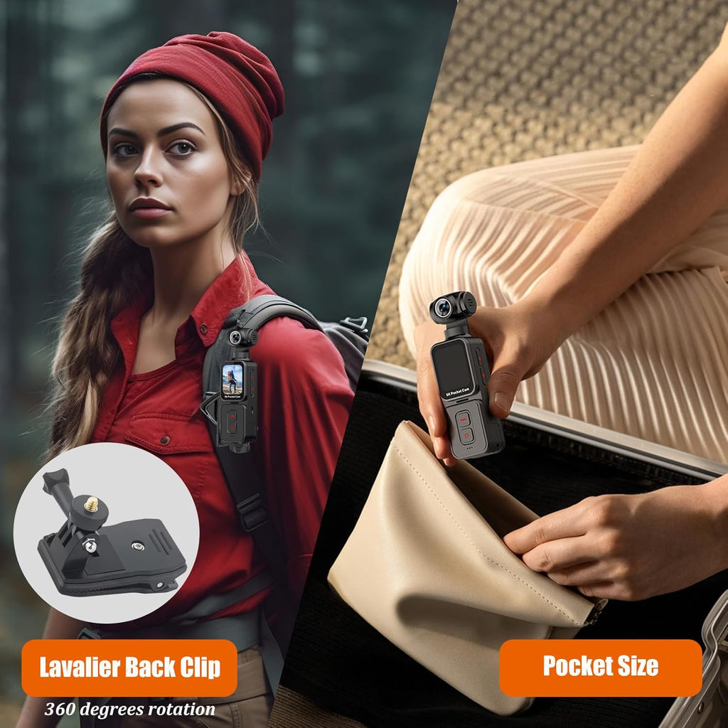 Pocket Camera 5K with Face Detection Automatic Rotating Lens, Vlogging Camera Body Cam with Rotatable Touch Screen, External Mic, Remote Control, 64GB Card