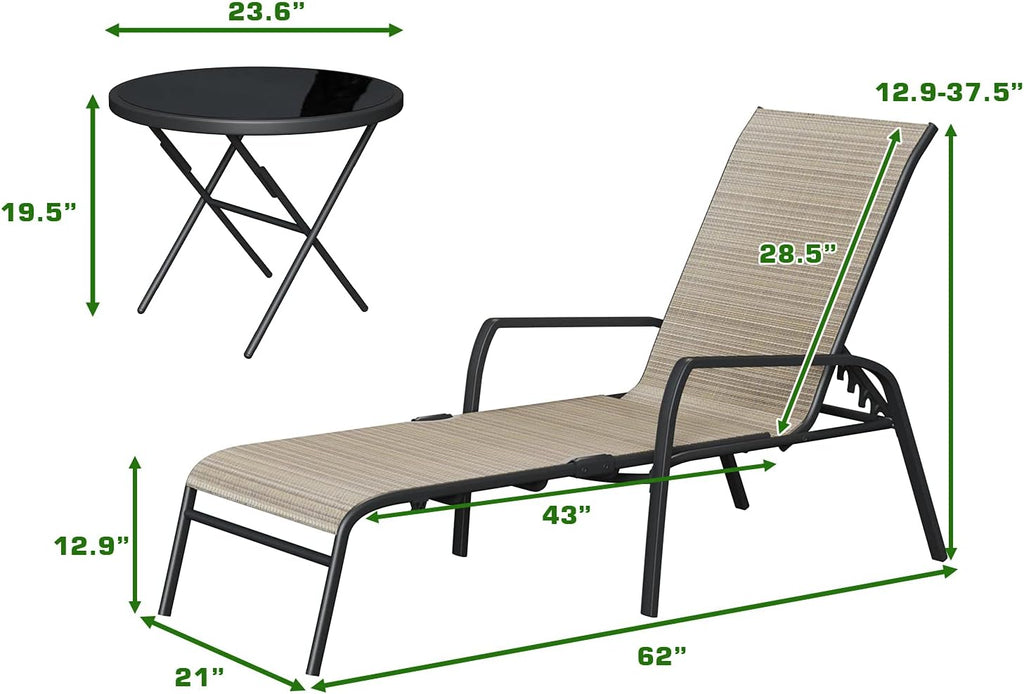 Devoko Patio Chaise Lounges Sets Outdoor Lounge Chairs with Adjustable Backrest & Sturdy Glass Top Coffee Table Suitable for Poolside, Beach, Backyard, Garden (Beige)