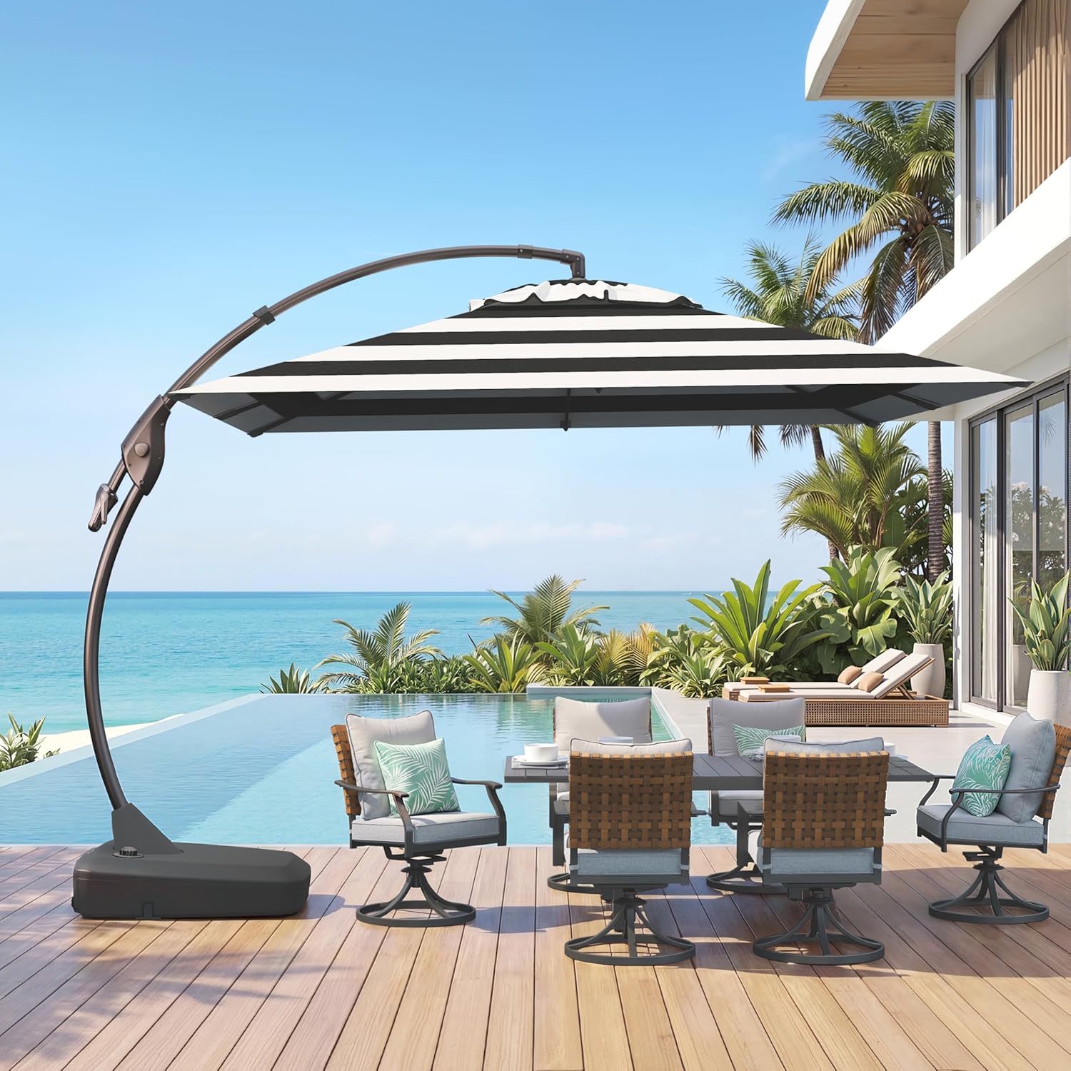 Grand patio 10x10 FT Patio Cantilever Umbrella with Base Outdoor Large Square Tilting Offset Umbrellas for Pool Deck (Black & White, 10x10 FT)