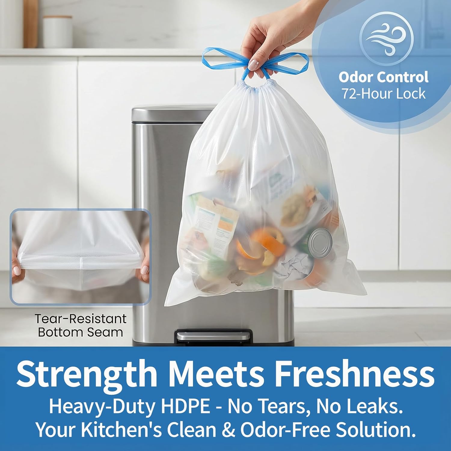 21 Gallon Trash Bags Drawstring 120 Count, 1.7 Mil White Garbage Bags Unscented,Easy-Dispense Roll for Kitchen & Household Use, Code G,79.5 L