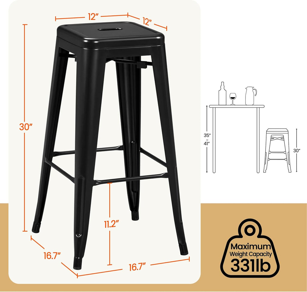 Yaheetech 30 Inch Metal Bar Stools Set of 4, Bar Height Backless Bartools, Industrial Stackable Bar Chairs with Footrest for Kitchen/Dining Room/Bistro/Patio, Black