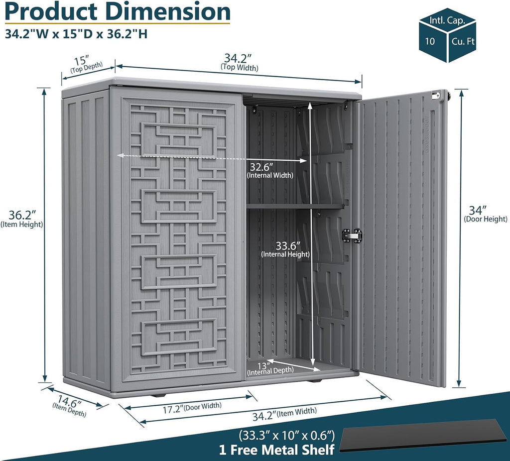 HOMSPARK Indoor/Outdoor Storage Cabinet with Doors and Shelf, 34”x15”x36” HDPE Plastic Storage Box Waterproof for Patio, Garden, Balcony, Multi-Purpose for Daily Tools, Grey