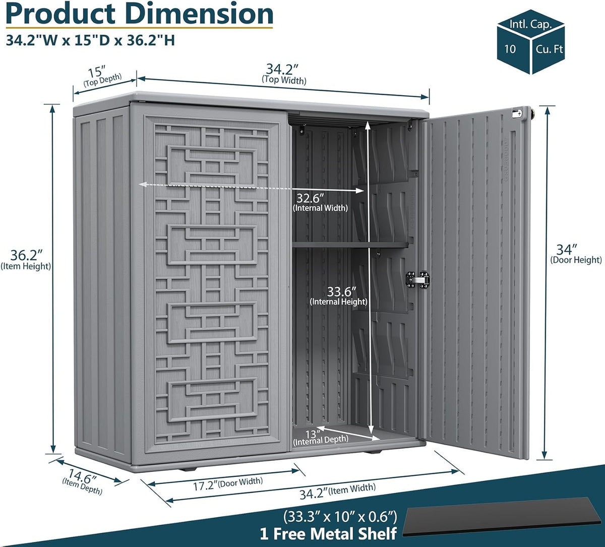 HOMSPARK Indoor/Outdoor Storage Cabinet with Doors and Shelf, 34”x15”x36” HDPE Plastic Storage Box Waterproof for Patio, Garden, Balcony, Multi-Purpose for Daily Tools, Grey