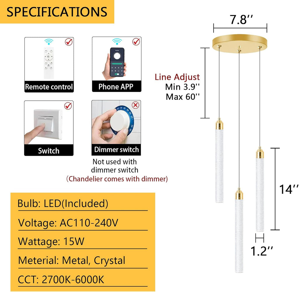 Pendant Lights Kitchen Island Mini Chandelier Gold Pendant Light Crystal Light fixtures Adjustable Hanging Ceiling Hanging Lights Bubble Mini Crystal Ceiling Light for Dining Room Bedroom 2700K 6000K