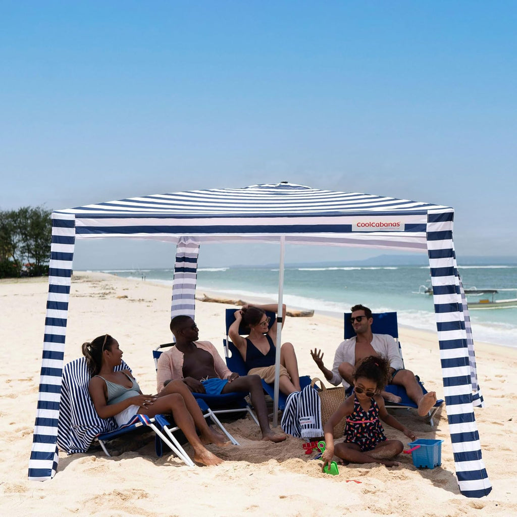 CoolCabana Beach Shade Tent - Easy Setup, UPF 50+ Protection, Large & Medium Sizes, Compact & Wind Resistant - Beach Cabana for The Whole Family - Navy Stripes, Large