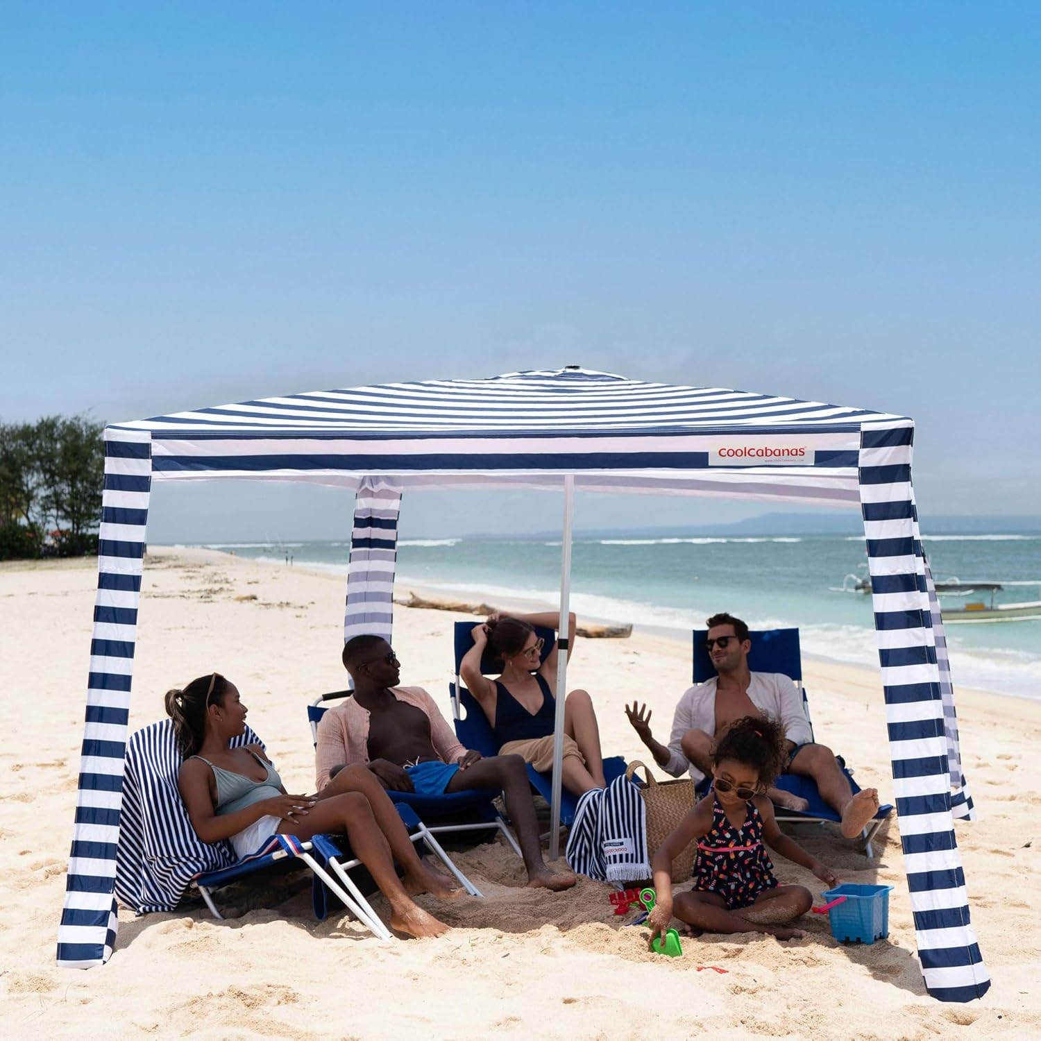 CoolCabana Beach Shade Tent - Easy Setup, UPF 50+ Protection, Large & Medium Sizes, Compact & Wind Resistant - Beach Cabana for The Whole Family - Navy Stripes, Large