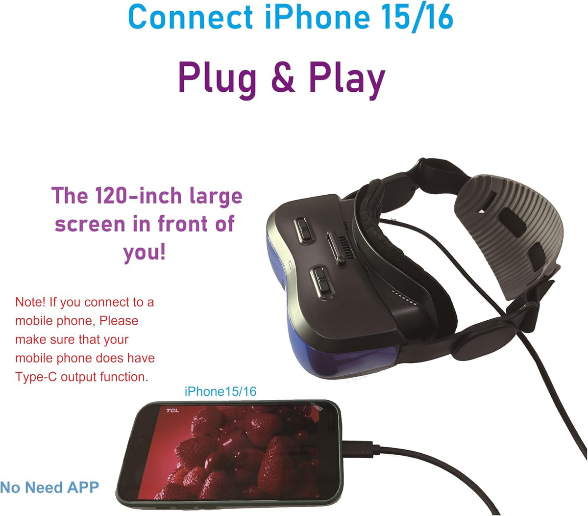 Immersive Video Glasses with Dual Speakers. USB-C Input, Easy Connect to i-Phone 15/16/17,Plug and Play, no Need APP, Lightweight Headset,Monitor,Head-Mounted Display (Bigeyes H5 Pro USB-C)