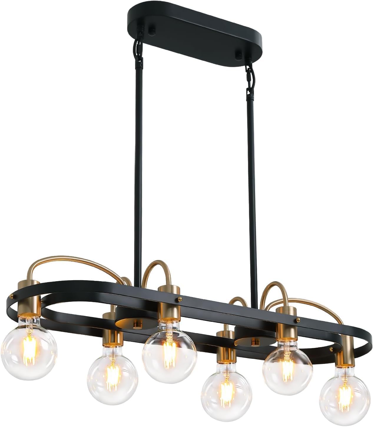 6 Lights Rectangular Chandelier, Black and Gold Linear Chandelier Rectangle Pendant Light Fixture, Modern Chandeliers for Kitchen Island Dining Room Over Table L-30''