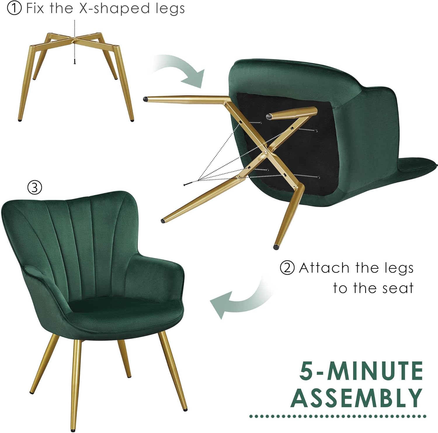 Yaheetech Velvet Accent Chair, Modern Armchair with Wing Side and Metal Legs, Cozy and Soft Padded and High Back for Living Room/Home Office/Bedroom, Set of 2, Green