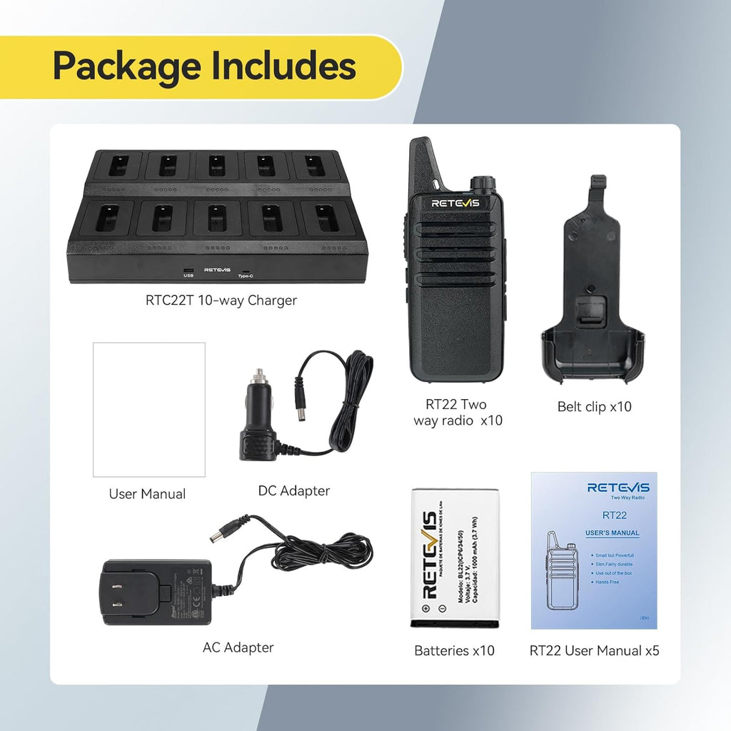 Retevis RT22 Business Walkie Talkies with Multi-Unit Charger, Two Way Radio Long Range Rechargeable, FRS, License-Free, Compact & Lightweight, for Retail Stores, Restaurants, Healthcare(10 Pack)