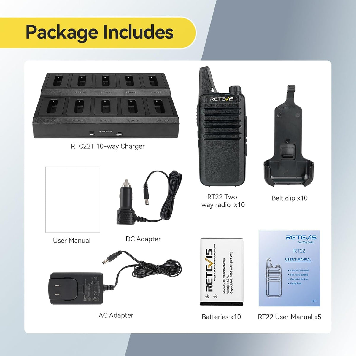 Retevis RT22 Business Walkie Talkies with Multi-Unit Charger, Two Way Radio Long Range Rechargeable, FRS, License-Free, Compact & Lightweight, for Retail Stores, Restaurants, Healthcare(10 Pack)