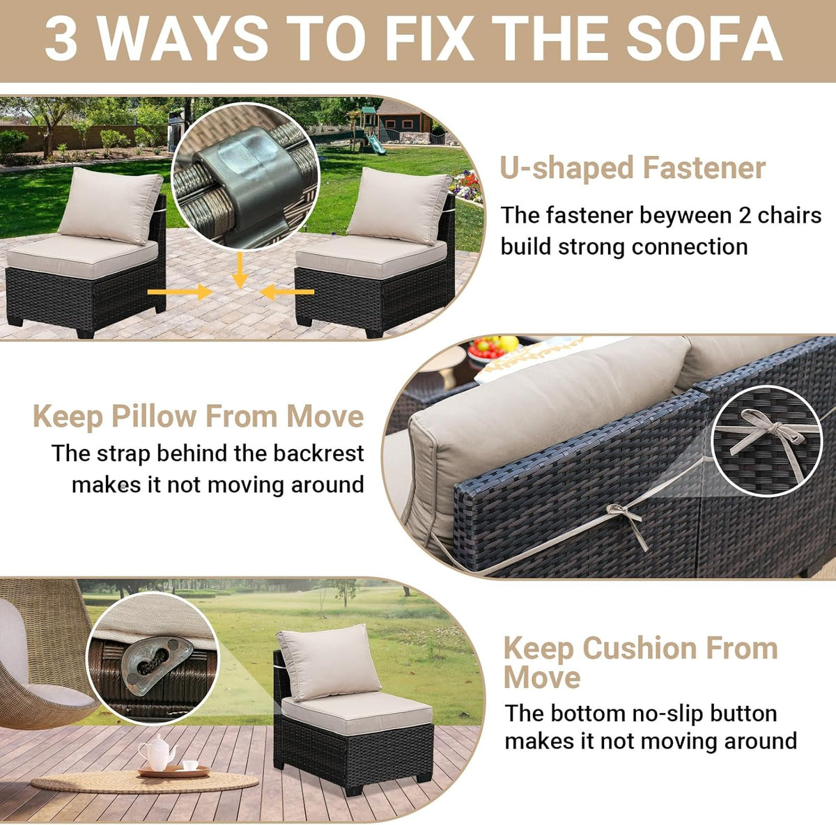 Jing's Villa 6-Piece Patio Furniture Set, All-Weather Outdoor Wicker Sectional Sofa with Cushions, Glass Table & Left and Right Armrest, Rattan Conversation Seating for Porch, Garden, Backyard,Beige