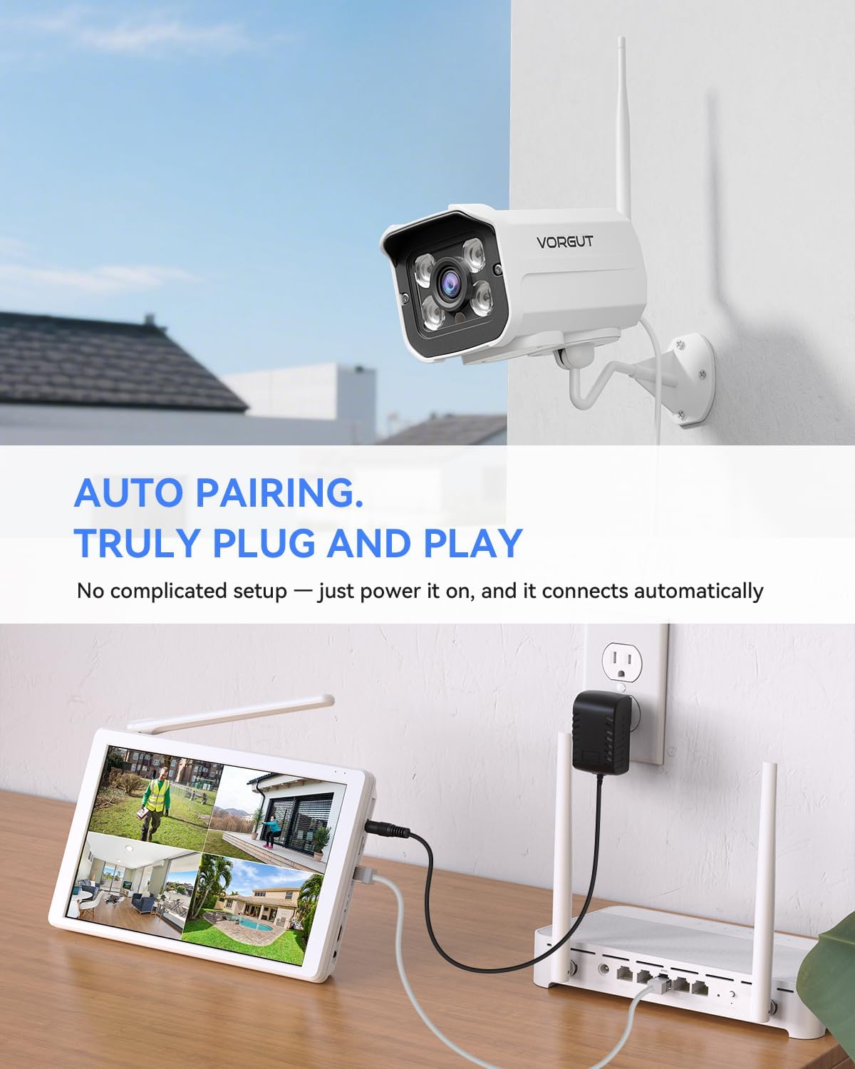 Wireless Security Camera System with 10" LCD Monitor, 2PCS 3MP Bullet Outdoor Camera Metal Shell for Home Surveillance, 10CH NVR with 500G HDD, 24/7 Record,Human Detection,No Monthly Fee