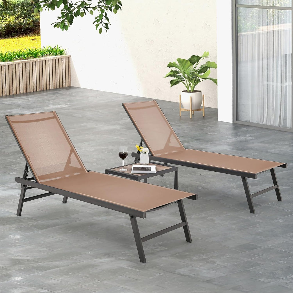 Tangkula 3 Piece Patio Chaise Lounge Set, Aluminum Patio Recliner with Coffee Table, 6-Level Backrest Adjustment, Outdoor Lounge Chair & Side Table Set for Poolside, Backyard (Brown)
