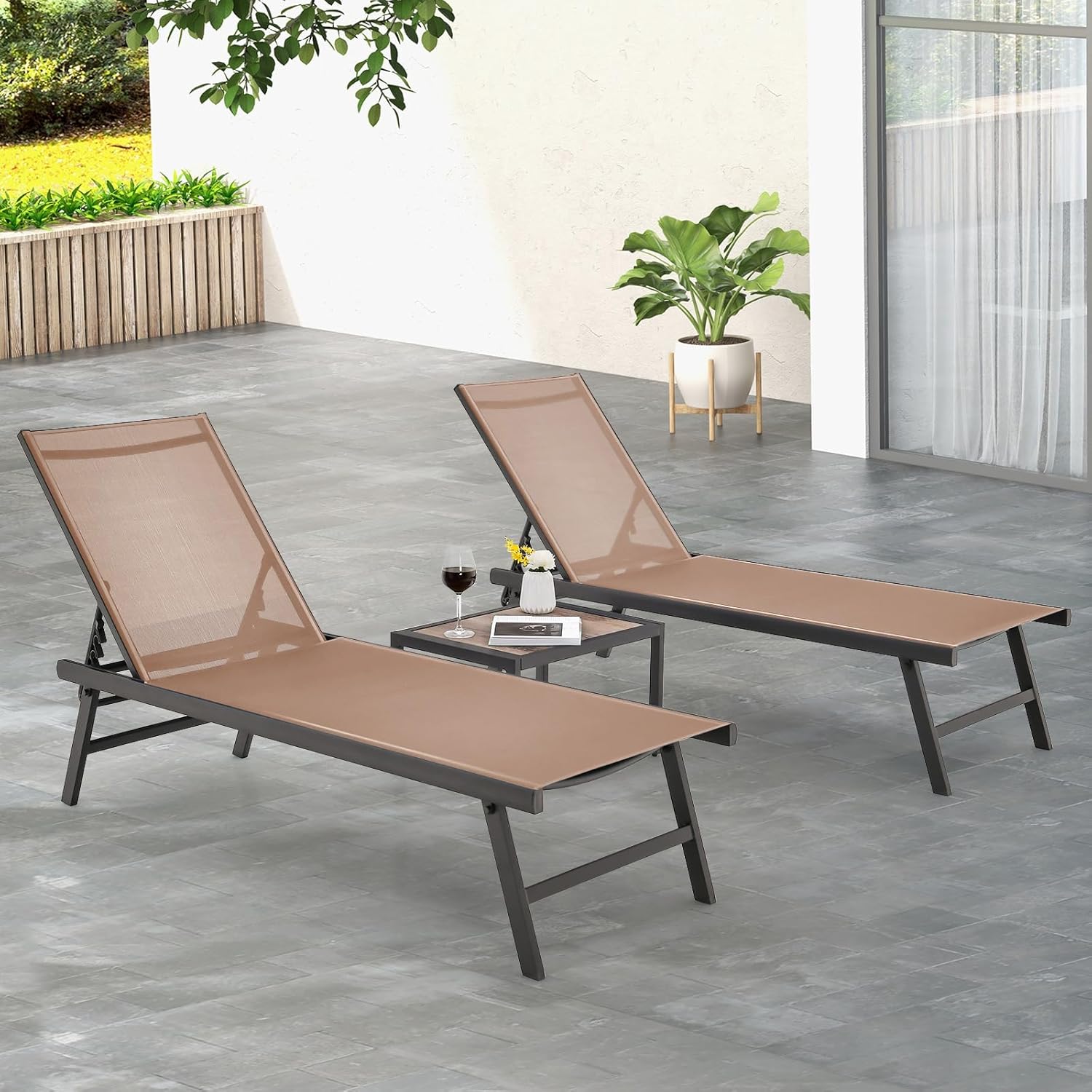 Tangkula 3 Piece Patio Chaise Lounge Set, Aluminum Patio Recliner with Coffee Table, 6-Level Backrest Adjustment, Outdoor Lounge Chair & Side Table Set for Poolside, Backyard (Brown)