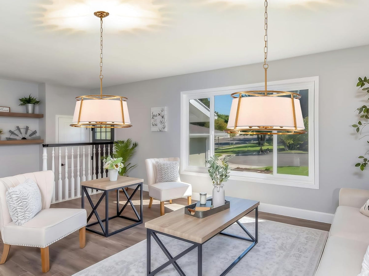 Shrine Lighting Drum Chandeliers, Modern Style, Perfect Pendant Light Fixture for Dining Room, Living Room, D20'' x H9'', Adjustable Chains 59'', E12*4 Sockets, White Lampshade & Brass Finish Frame
