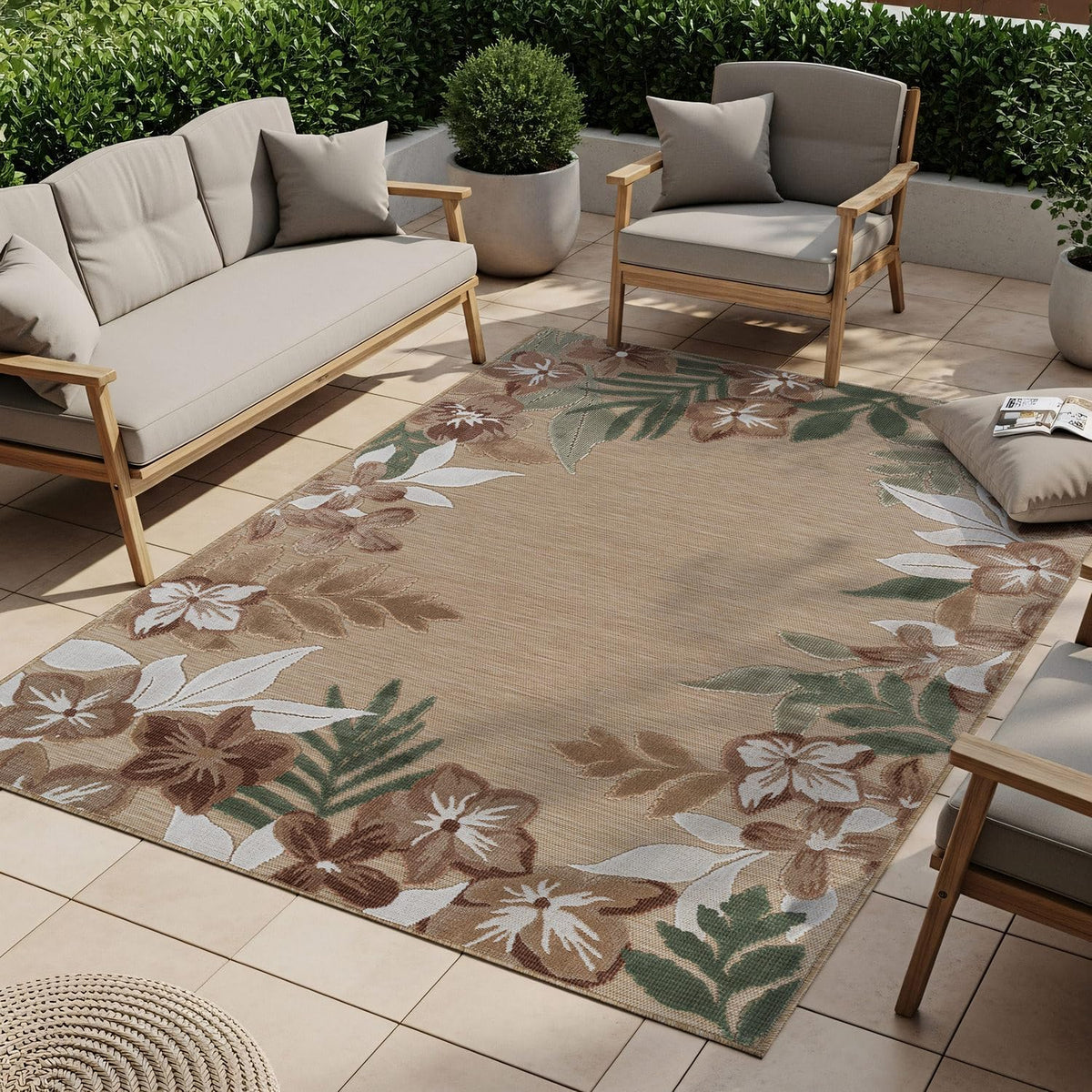 Outdoor Rug 9x12 Washable Area Rugs Indoor Outdoor Carpets Beige Border Floral Non Shedding Waterproof Easy Clean Patio Deck Porch Living Room Bedroom Garden RV (9 X 12 Beige)