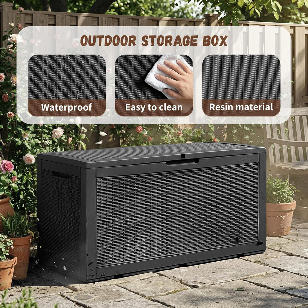 EFU Outdoor Storage Box 100 Gallon Deck Box Resin Outdoor Toy Storage With Lockable Lid, Hydraulic Struts, Rattan Style Package Delivery Boxes for Outside Patio Yard Garden (Black)