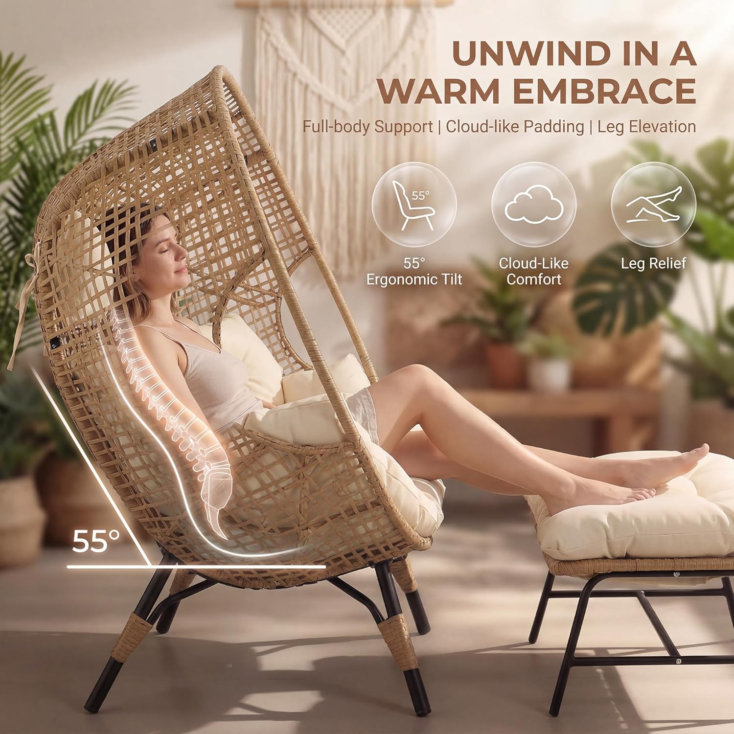 NICESOUL® Double Egg Chair Indoor Outdoor Stationary Oversized 6.5" Thick Padded Cushions,2 Person Egg Wicker Loveseat Chair, Extra Large Lounge Chair for Patio Balcony Porch Backyard Beige