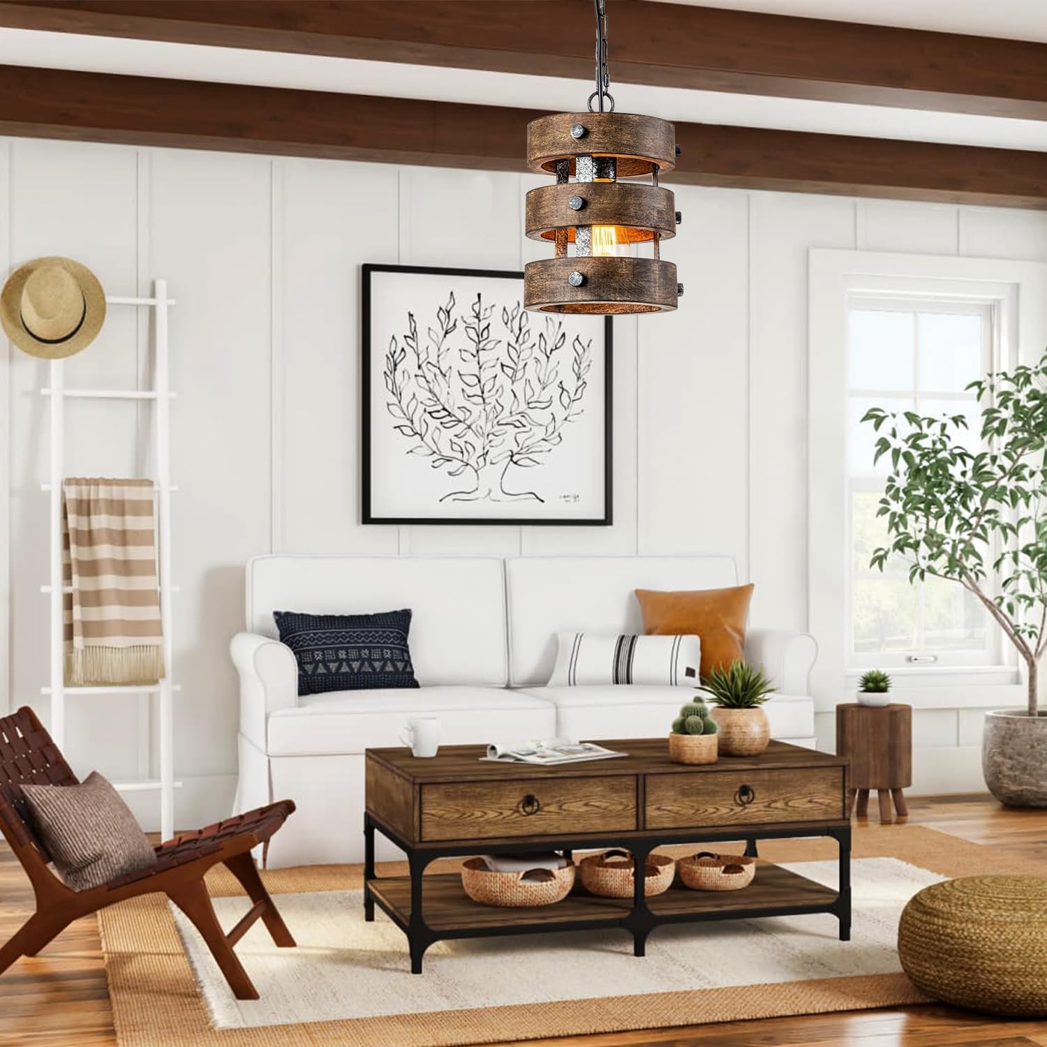 2pack Farmhouse Wood Pendant Lights Kitchen Island, Dining Room Lighting Fixtures Over Table Rustic Chandelier Height Adjustable Hallway Light for Foyer Living Room Bar Restaurant
