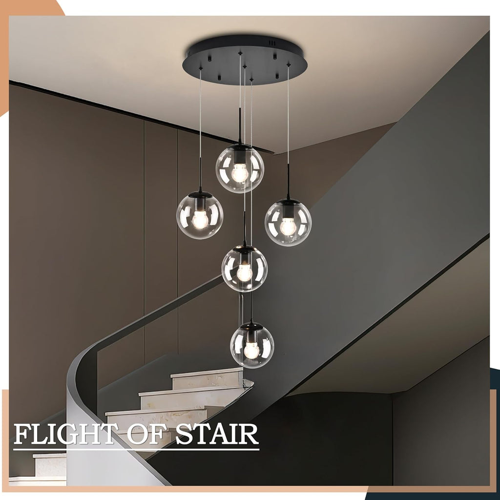 KoKo&Yukina 5-Light Black Clear Globe Glass Chandelier Globe Glass Pendant Light Adjustable Length Pendant Lights Modern High Ceiling Lights Fixtures for Foyer Staircase Entryway (Bulb & Remote Incl)