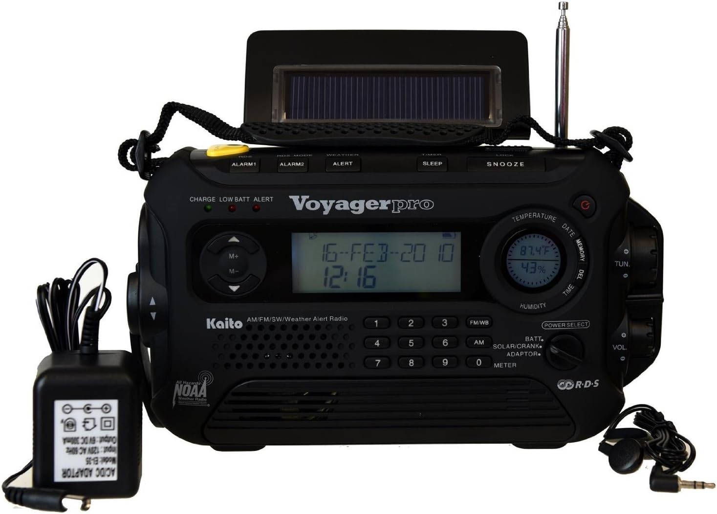 Kaito Voyager Pro KA600 Digital Solar Dynamo Hand Crank AM/FM/LW/SW & NOAA Weather Emergency Radio with Flashlight, Reading Lamp,Smart Phone Charger & RDS and Real-Time Alert, with AC Adapter, Black