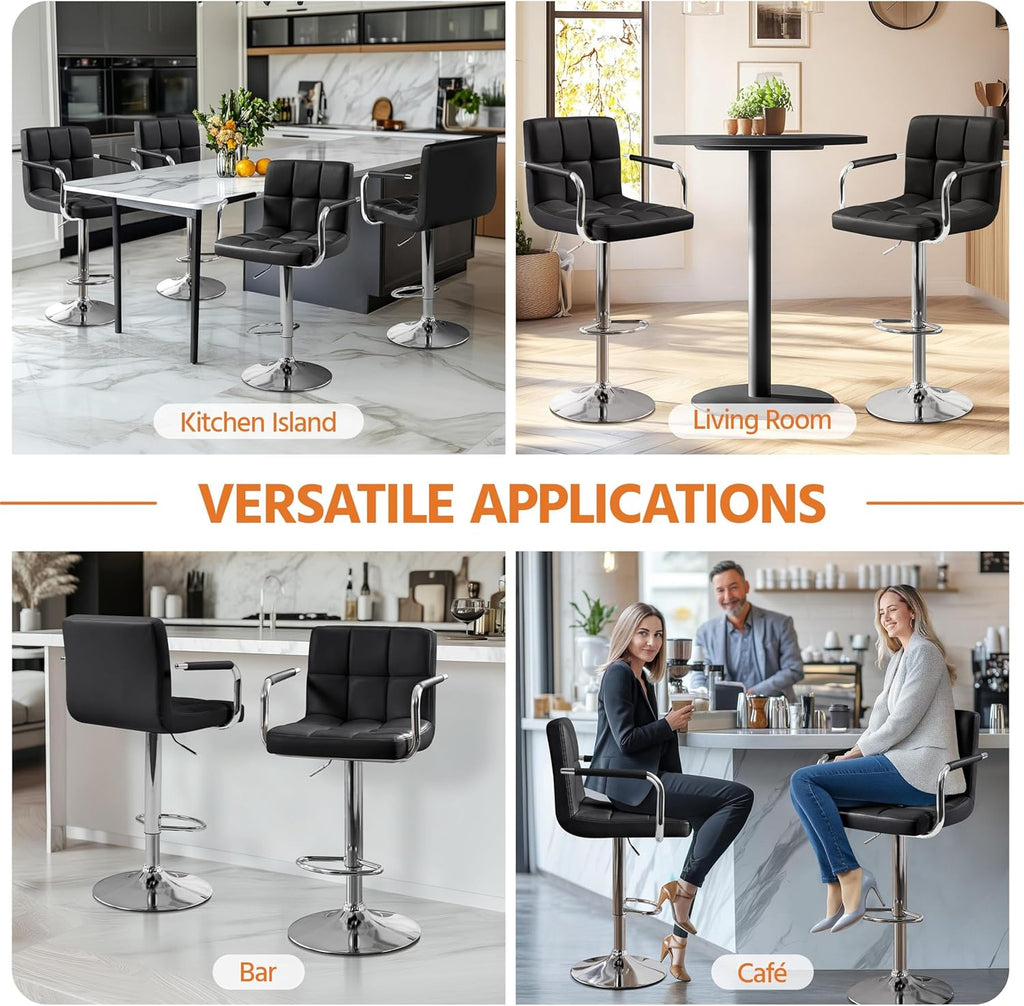 Yaheetech Bar Stools Set of 2, PU Leather Height Adjustable Swivel Barstools, Hydraulic Kitchen Counter Height Bar Chairs with Armrest and Back for Kitchen, Dining Room, Black