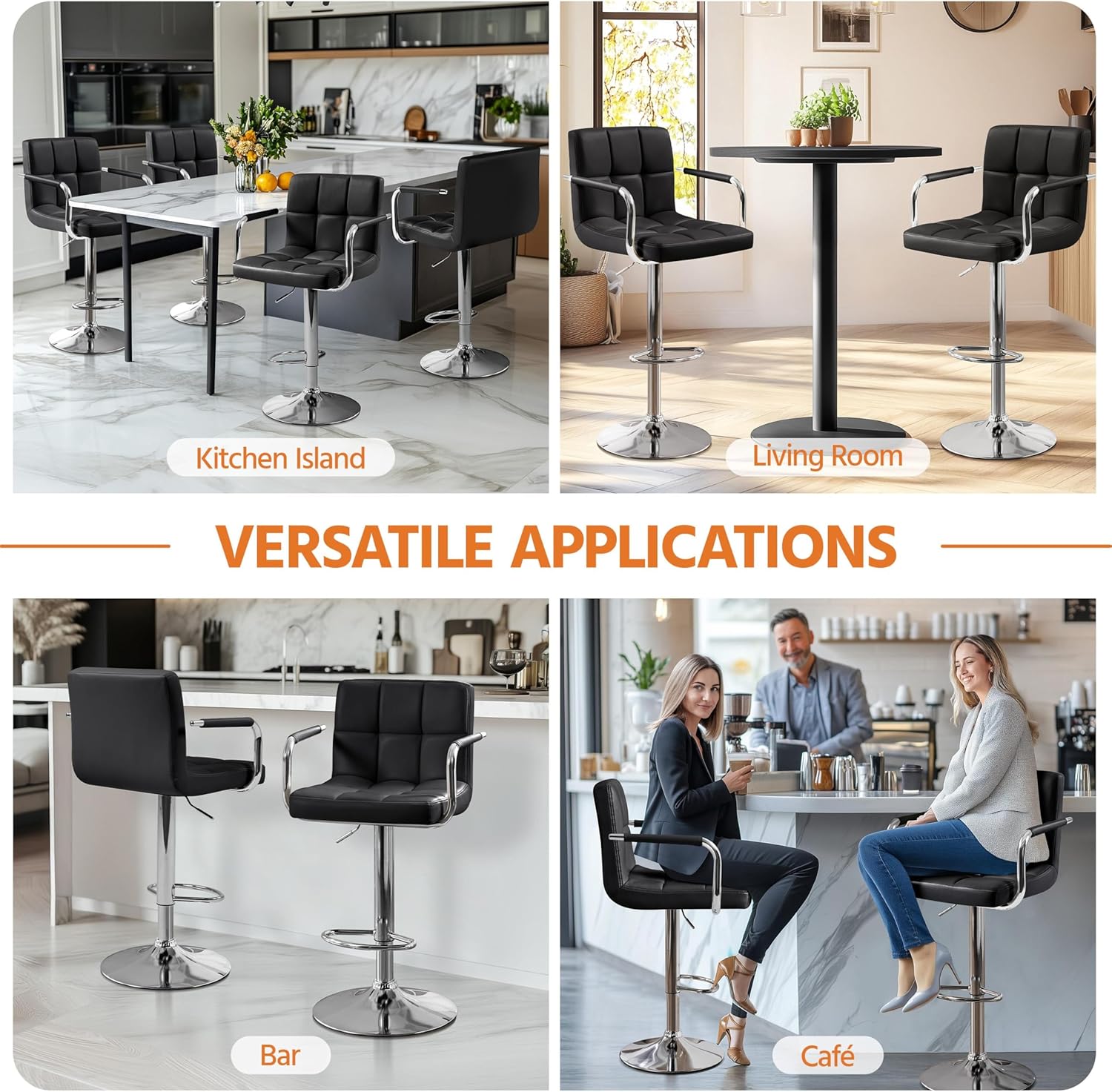 Yaheetech Bar Stools Set of 2, PU Leather Height Adjustable Swivel Barstools, Hydraulic Kitchen Counter Height Bar Chairs with Armrest and Back for Kitchen, Dining Room, Black