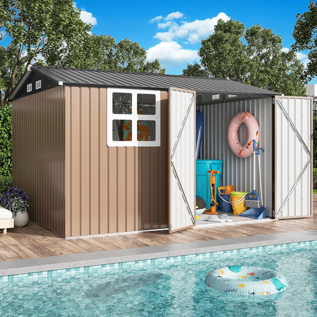 IRONCK 10x8.2 FT Storage Shed with Clear Window, Outdoor Tool Shed with Lockable Doors and Breathable Ventilation, Metal Garden Storage with 9.5x8 FT Base for Generators/Bikes/Wheelbarrows, Brown