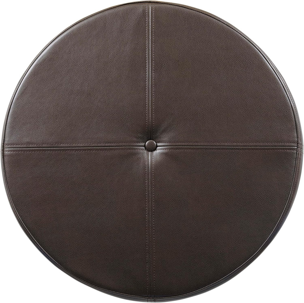 HomePop Round Leatherette Storage Ottoman with Lid, Chocolate Brown Large