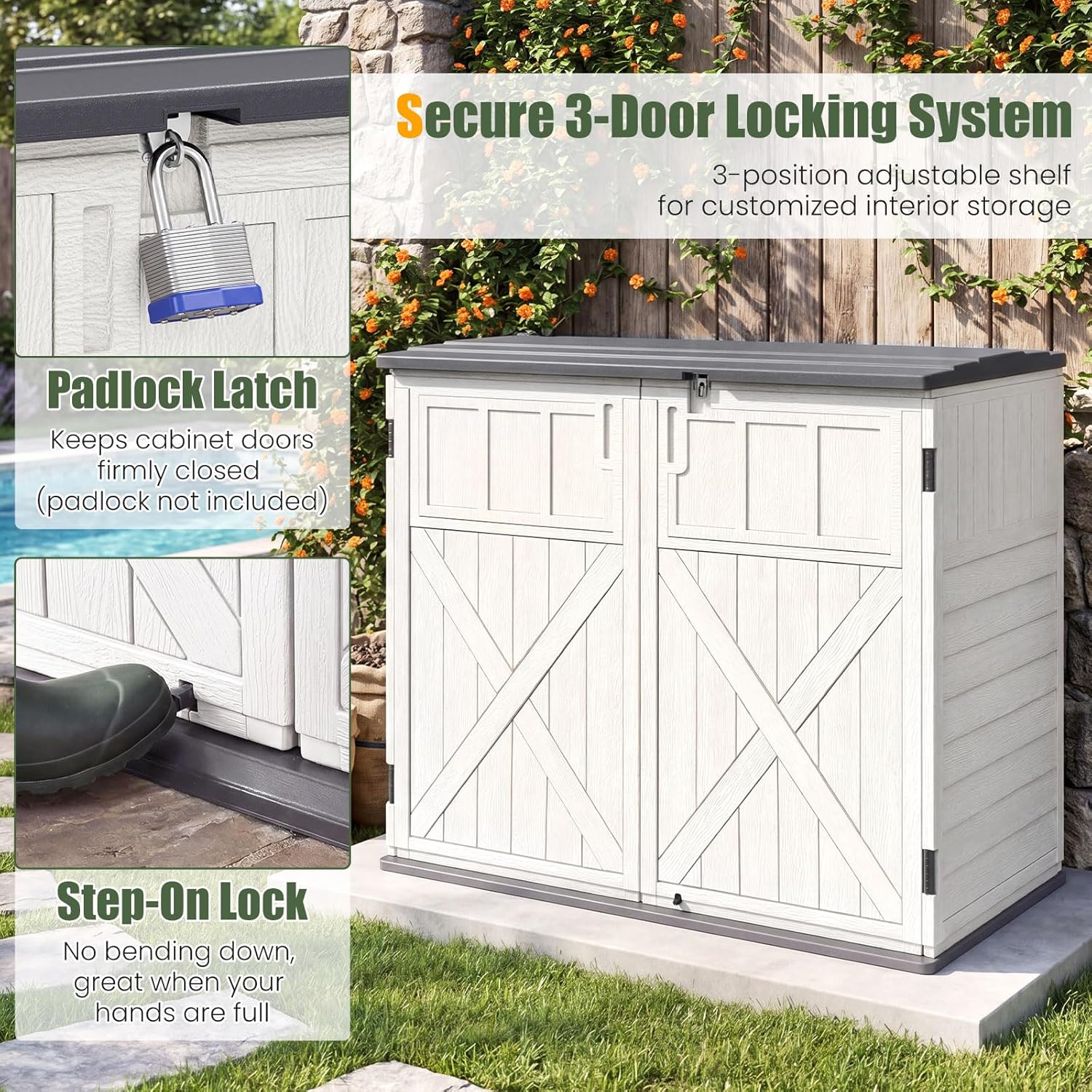 Tangkula Large Outdoor Storage Cabinet, 20 Cu.Ft Horizontal Resin Storage Shed with Adjustable Shelf & Lockable Doors, Weatherproof Patio Storage Box for Gardening Tools Cushions (White)
