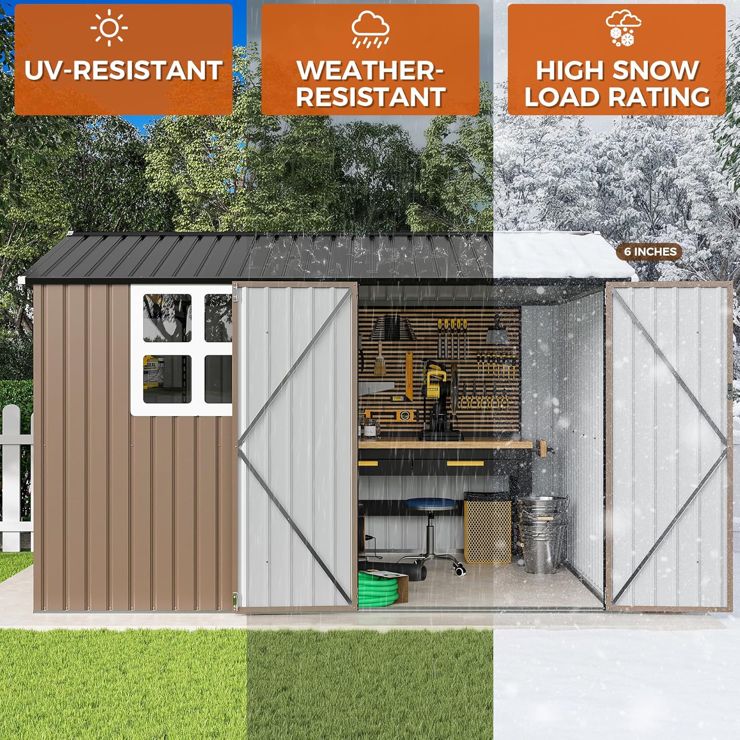 IRONCK 10x8.2 FT Storage Shed with Clear Window, Outdoor Tool Shed with Lockable Doors and Breathable Ventilation, Metal Garden Storage with 9.5x8 FT Base for Generators/Bikes/Wheelbarrows, Brown