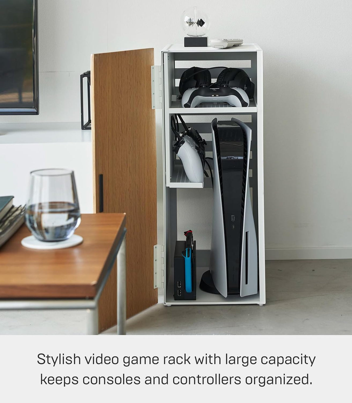 Yamazaki Home Tower Large Capacity Game Console Rack – Organize Controllers, Pull-Out Shelf, Cable Management - Steel