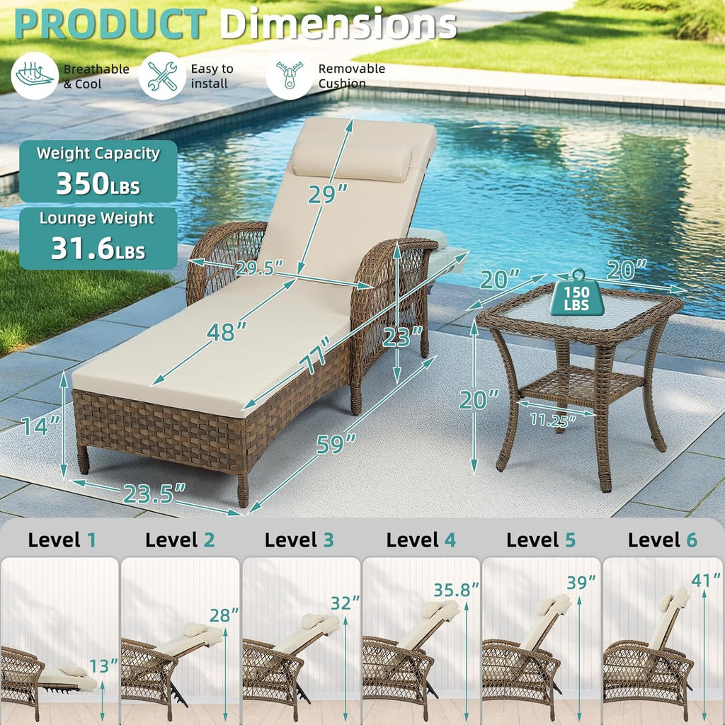 MEETWARM 3 Piece Outdoor Wicker Chaise Lounge Chair Set - Patio Lounge Chairs Set of 2 with Side Table, 6 Position Adjustable Pool Reclining Sunbathing Chair with Cushion, Armrest & Headrest, Beige