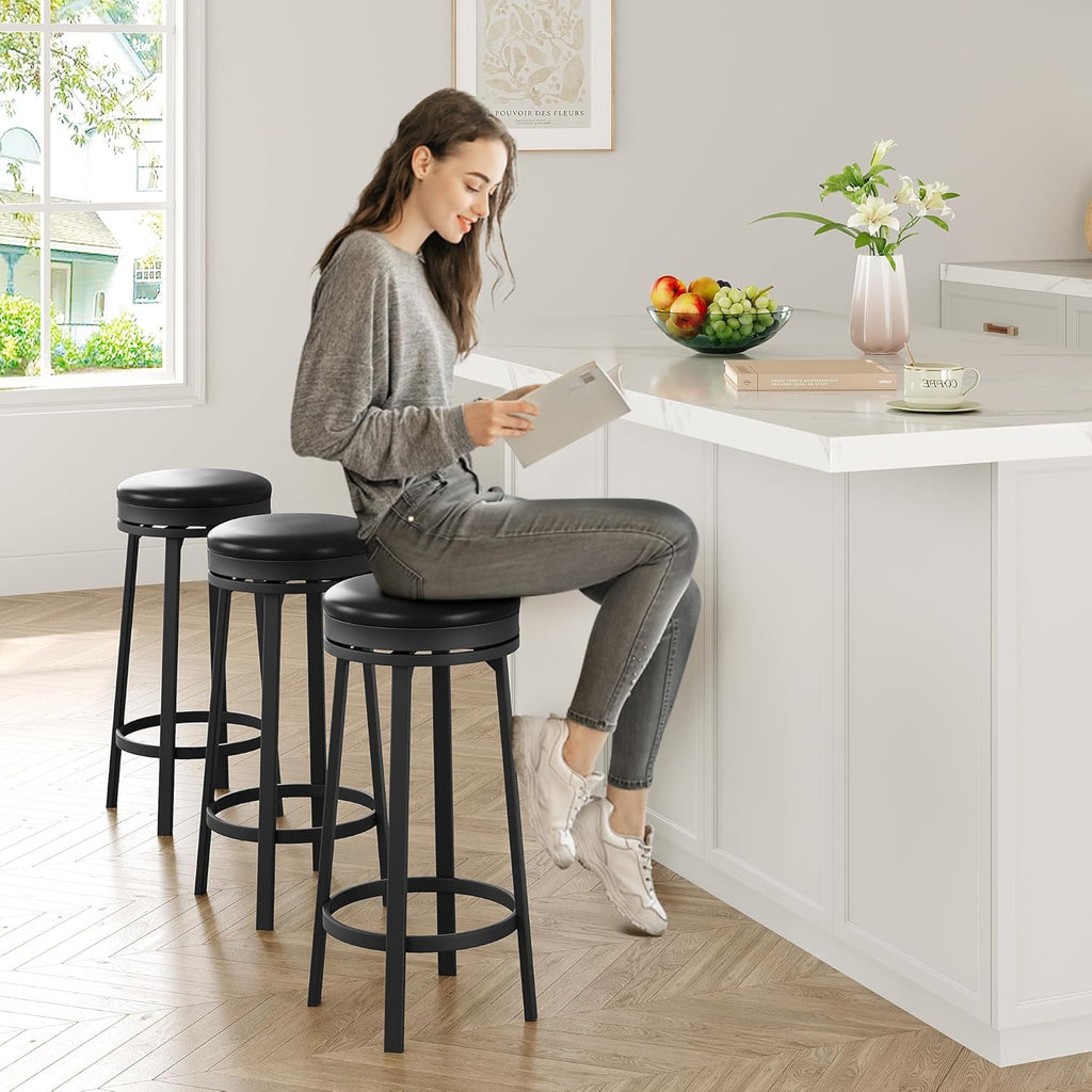 IDEALHOUSE 30'' Swivel Bar Stools Set of 4 with Footrest, Modern Counter Height Barstools with PU Leather Upholstered and Metal Frame, Backless Round Bar Stools for Kitchen Island, Black