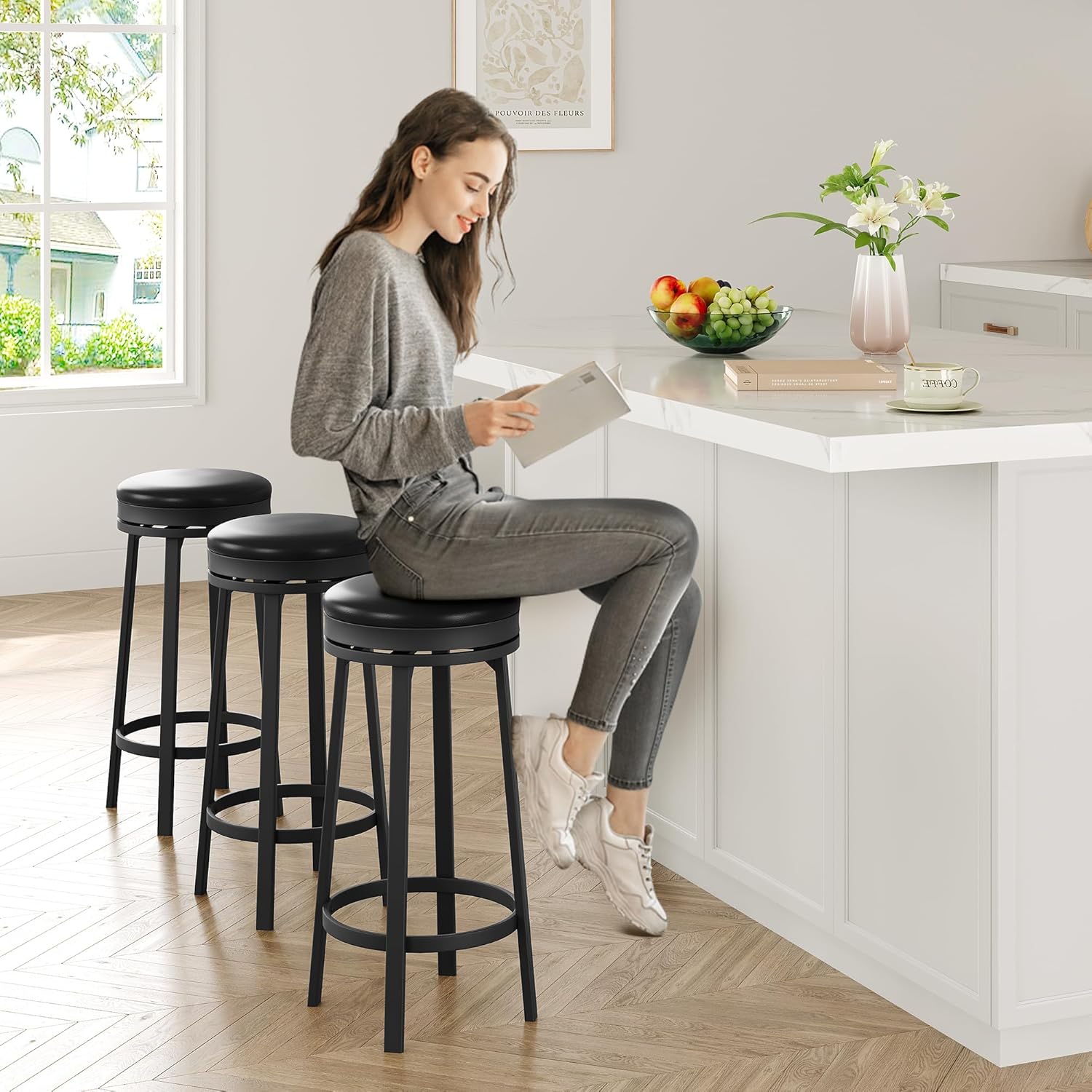IDEALHOUSE 30'' Swivel Bar Stools Set of 4 with Footrest, Modern Counter Height Barstools with PU Leather Upholstered and Metal Frame, Backless Round Bar Stools for Kitchen Island, Black