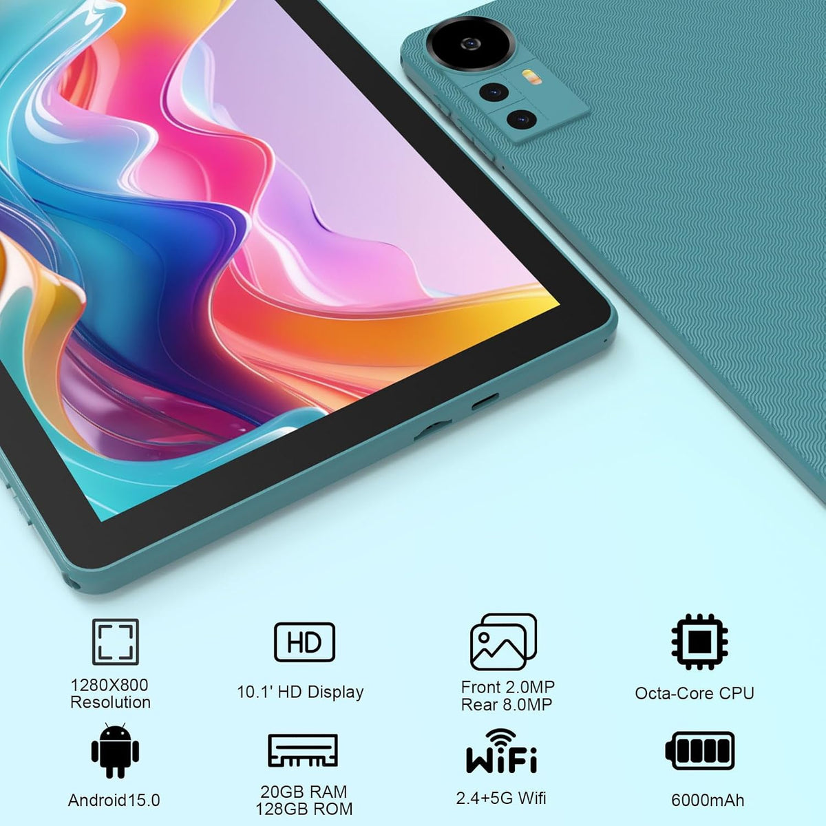 CUPEISI Android 15 Tablet 10 Inch, 20GB RAM+128GB ROM/ 2TB Expandable, 2.0GHz Quad-core Processor, 1280*800 HD Screen, 5G WiFi6 BT 5.0, 2 in 1 Tablets with Keyboard Case Mouse Stylus, Widevine L1 Blue
