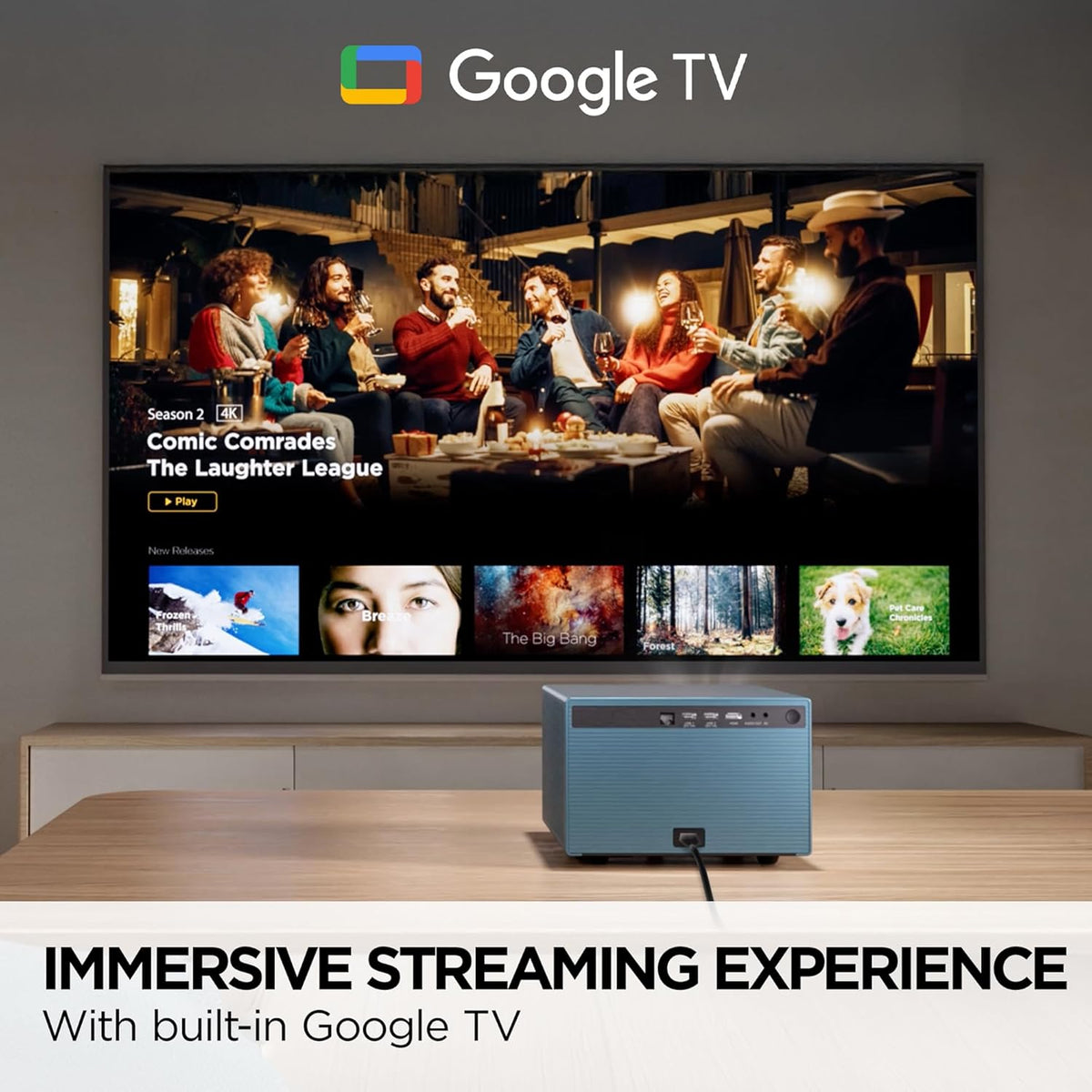 ViewSonic LX60HD 1080p LED Projector, Built-In Google TV for Smooth Home Entertainment, Auto Focus, 360-Degree Projection, and H/V Keystone for Easy Setup, Bluetooth, Wi-Fi, HDMI, and USB-C Inputs