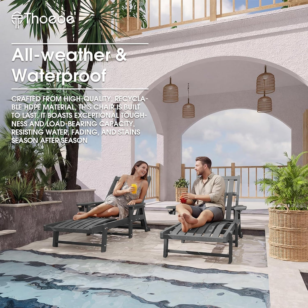 THOEOE Patio Chaise Lounge Chair, Lounge Chair Outdoor with 5 Positions, HDPE, Patio Lounge Chair with Wheels & Cup Holder for Pool, Deck, Poolside,Grey