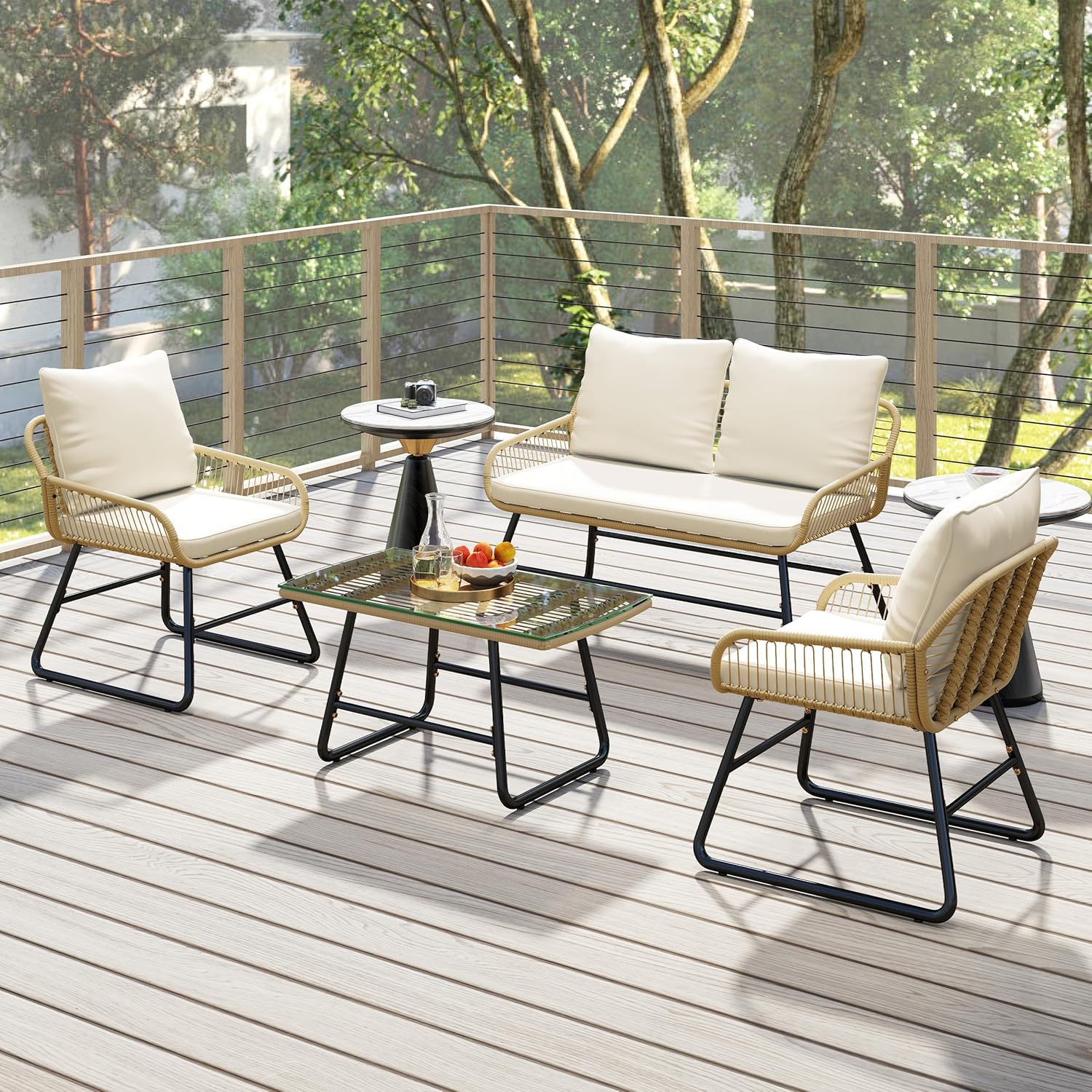 Yaheetech 4 Piece Patio Furniture Set, Outdoor Wicker Conversation Sets, Boho Loveseat & 2 Armchairs with Cushion and Pillow, Glass Top Table for Backyard, Porch, Balcony, Deck - Tan/Cream
