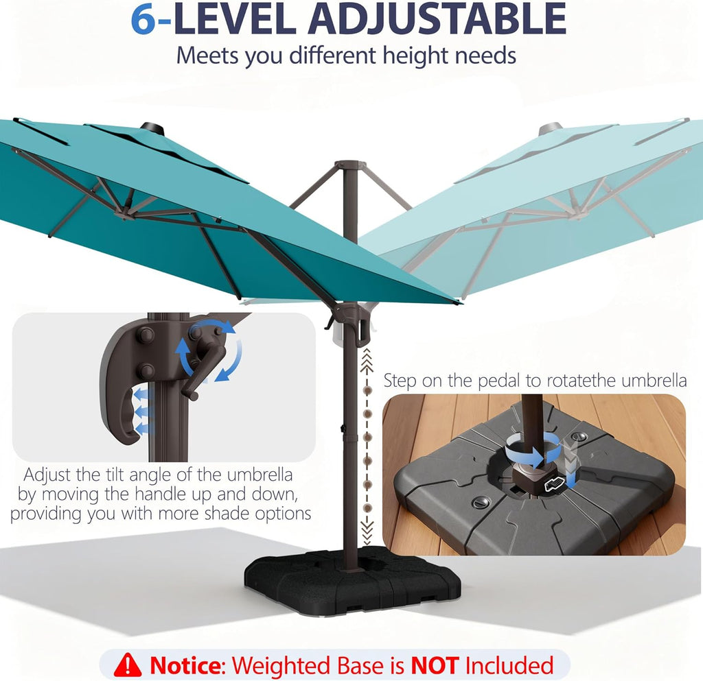 10' X 10' Patio Umbrella Cantilever Outdoor Rectangle Umbrella with Base Included, Heavy Duty 360°Rotation Offset Umbrella for Garden Deck Pool Patio, Turquoise