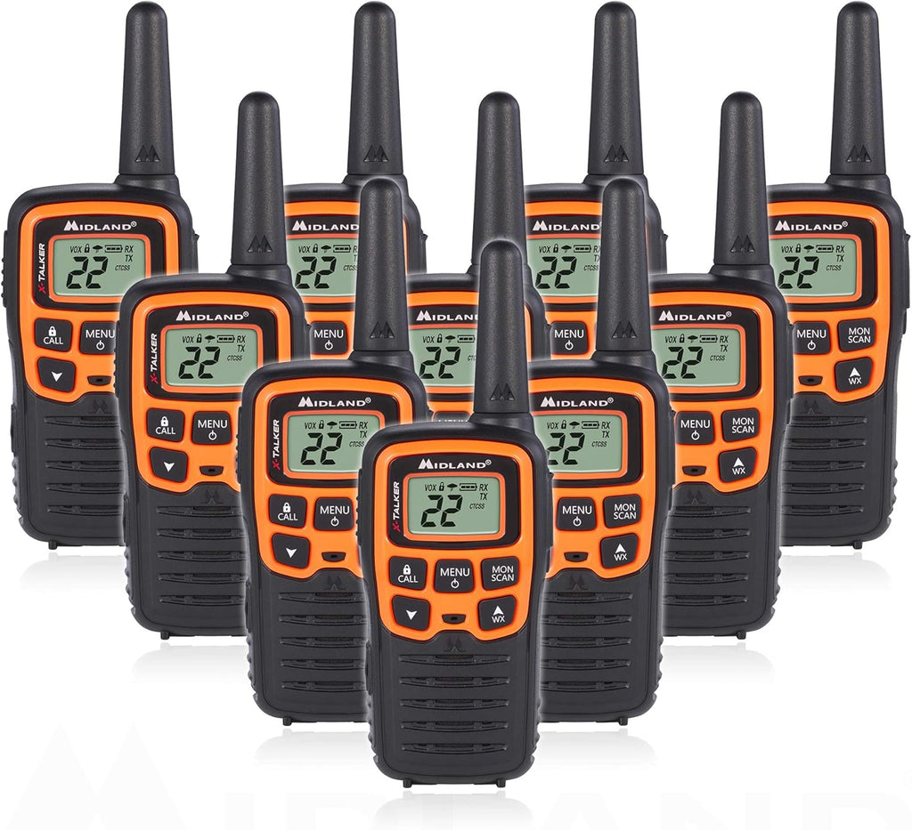 Midland T51VP3 22 Channel FRS Walkie Talkie - Up to 28 Mile Range Two-Way Radio - Orange/Black (Pack of 10)